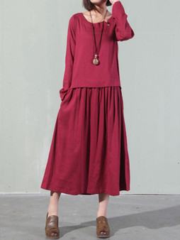 Casual Round Neck Solid Pocket Maxi Dress