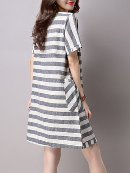 Casual Patch Pocket Striped Cotton Shift Dress