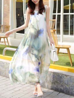 Casual Round Neck Hollow Out Printed Chiffon Maxi Dress