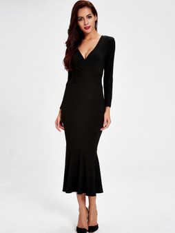 Casual Deep V-neck Plain Mermaid Maxi-dress