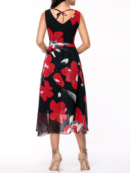 Casual V-Neck Floral Hollow Out Chiffon Maxi Dress