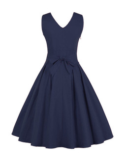 Casual V-Neck Bowknot Plain Skater Dress