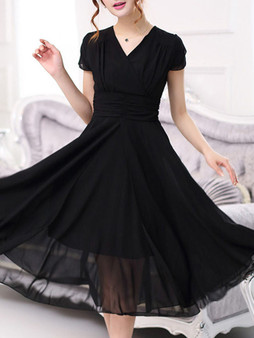 Casual V-Neck Solid Chiffon Midi Skater Dress In Black