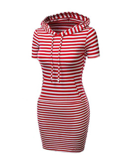 Casual Drawstring Kangaroo Pocket  Striped Bodycon Dresses