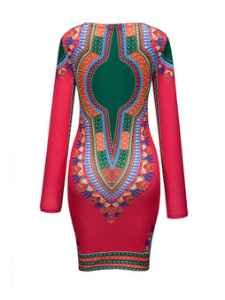 Casual Round Neck tribal Printed long-sleeve Bodycon-dress