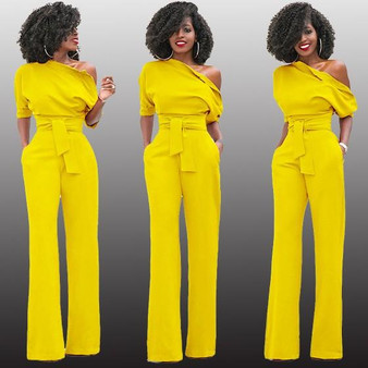 Yellow Asymmetric Shoulder Sashes Irregular Fashion Long Jumpsuit