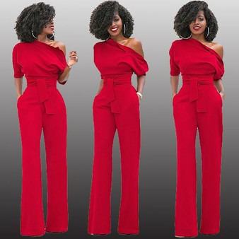 Red Asymmetric Shoulder Sashes Irregular Fashion Long Jumpsuit