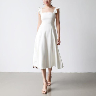 Elegant  Dress Petal Sleeves Square Neck High Waist A Line Draped Dress Midi Dress