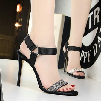 Crystal Studded Black Ankle Strap High Heel Summer Sandals
