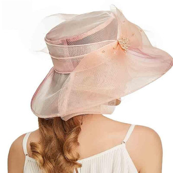 Pink Elegant Organza Wide Brim Church Large Kentucky Derby Big Bow Hat