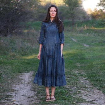 Vintage Women Three Quarter Sleeve A-Line Blue Denim Maxi Dress