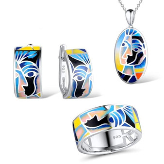Genuine 925 Sterling Silver Face Ring Earrings Pendant Chic Colorful HANDMADE Enamel Jewelry Set