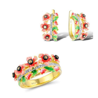 Orange Flower Yellow CZ Stones Ring Earrings 925 Sterling Silver Women Fashion Jewelry Set