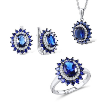Silver Flower Jewelry Set  Bridal Wedding Jewelry Set Blue CZ Stones Ring Earrings Pendant Set 925 Sterling Silver Jewelry Set