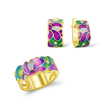 HANDMADE Colorful Enamel White CZ Stones Ring Earrings 925 Sterling Silver Fashion Jewelry Set