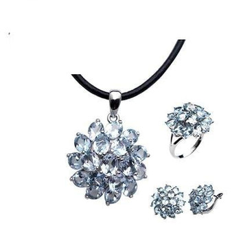 Romantic Natural Blue Topaz Gemstone Ring Pendant Earring Jewelry Set