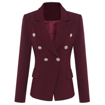 Wine Red Designer Women's Metal Lion Buttons Double Breasted Blazer Jacket