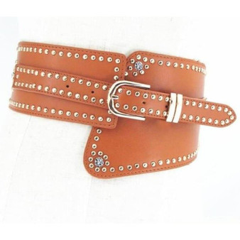 Hot Rivet Punk Style Wide Belt Women High Quality PU Leather Waistband Elastic Belt