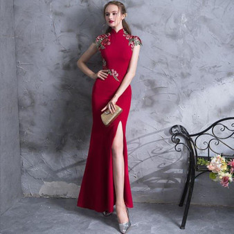 Embroidery Modern Cheongsam Red Sexy Qipao Long Traditional Chinese Dress