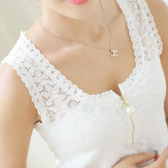 Lace Patchwork White Sexy Hollow Out Chiffon Lace Sleeveless Top