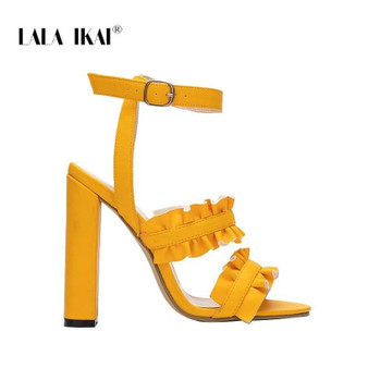 LALA IKAI Women Ruffles Square Heel Solid Fashion Buckle Strap Ladies Sandals