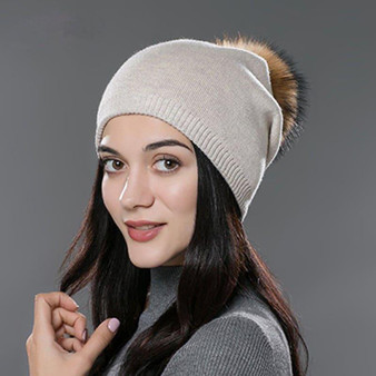 Fur Pom Pom Wool Knitted Thick Warm Beanies Hats
