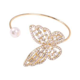 Rhinestone Big Butterfly with Pearl Cuff Bracelet Bangle for Women