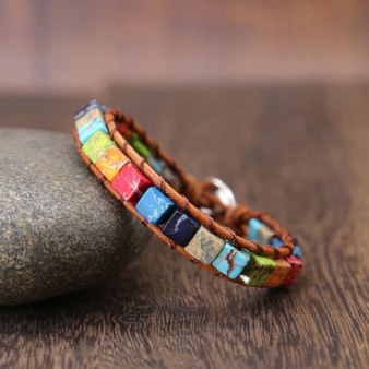 7 Chakra Boho Natural Stone Cube Beaded Leather Wrap Bracelet