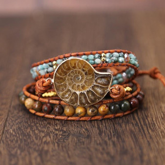 Ammonite Fossils Seashell Snail charm Handmade Wrap Bracelet