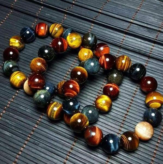 Handmade Natural Stone Tiger Eye Multi Color 14mm Beads Bracelet