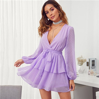 Purple Deep V Neck Double Layer Hem Swiss Dot Dress