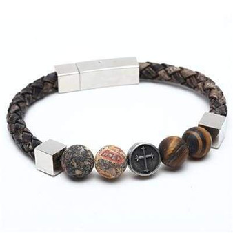 Natural Stone Beads Leather Bracelet Stainless Steel jewelry