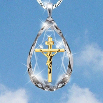 Tear Drop Crystal With Jesus on a Cross Pendant Necklace: Hutzell