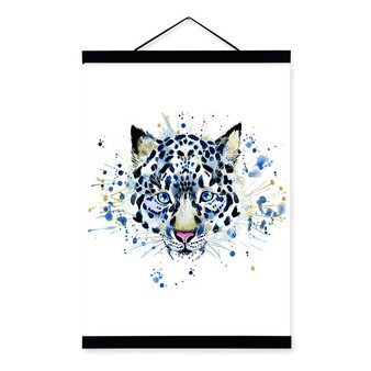 Snow Leopard Watercolor Fashion Animal Portrait Wooden Framed Canvas Painting Wall Art Print Picture Poster Kids Room Home Decor