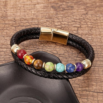 Chakra Bracelet For Men Natural Stone Beads Genuine Leather Bracelets