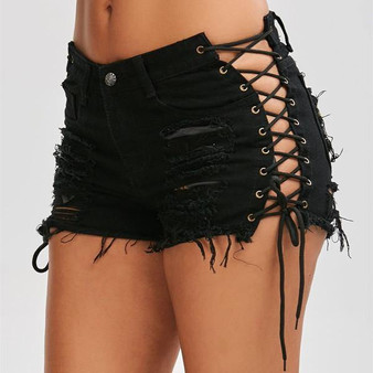 Summer Women Denim Shorts  Black Blue High Waist Ripped Short