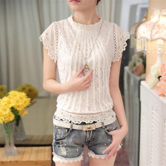 Summer Fashion elegant solid Women Blouses  Petal Sleeve Lace  Chiffon O-neck Plus Size Shirt Tops 01C 35