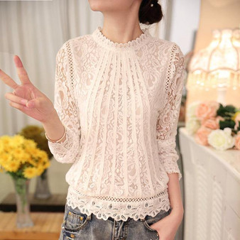 Summer Ladies White Blusas Women's Long Sleeve Chiffon Lace Crochet Tops Blouses Women Clothing Feminine Blouse 51C