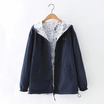 Autumn Women Bomber Basic Jacket Pocket Zipper Hooded Two Side Wear Cartoon Print Outwear Loose Coat