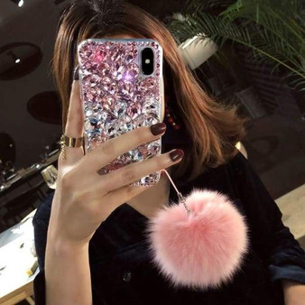 Luxury Fashion Bling Crystal Diamond Case With Fox Fur Ball Pendant