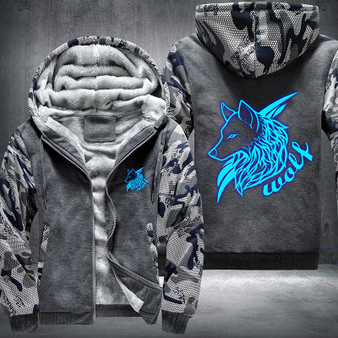 Wolf Printing Pattern Thicken Fleece Zipper Grey Camo Hoodies Jacket
