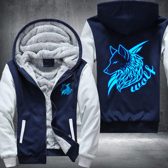 Wolf Printing Pattern Thicken Fleece Zipper Blue Hoodies Jacket