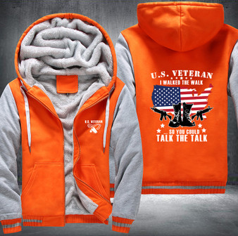 U.S. Veteran I walked the walk Printing Pattern Thicken Fleece Zipper Orange Grey Hoodies Jacket