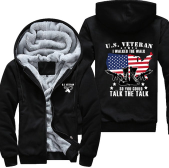 U.S. Veteran I walked the walk Printing Pattern Thicken Fleece Zipper Black Hoodies Jacket