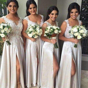 Elegant 2019 Cheap Bridesmaid Dresses A-line Chiffon Lace Slit Long Wedding Party Dresses For Women