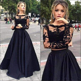 2019 A-line Long Sleeves Lace Two Pieces Long Prom Evening Gown