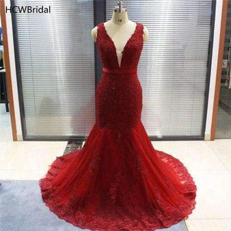 Burgundy Mermaid Dress Evening V Neck Sweep Train Beaded Appliques Tulle Long Formal Prom Gowns