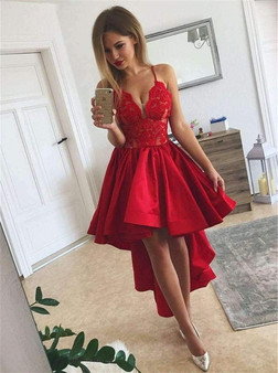 Sexy Red Short Prom Dresses Backless Spaghetti Strap A Line Lace Satin Cheap Evening Party Gowns
