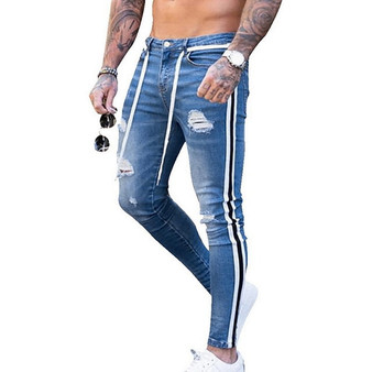 Casual Men Pants Fashion Washed Denim Pants Hip Hop Jeans Streetwear Slim Fit Stretch Biker Jeans Male Pencil Denim Trouser