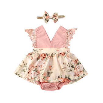 0-24M Newborn Infant Baby Girls Romper Dress Floral Sleeveless Lace Pink V Neck Princess Jumpsuits Headband